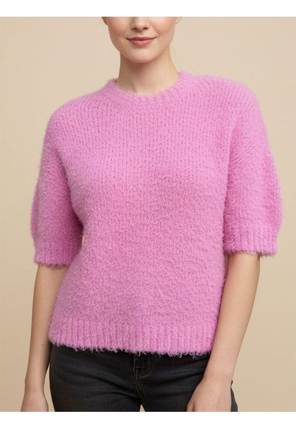 Sinsay - Miękka bluzka z krótkim rękawem i okrągłym dekoltem - różowy. Kolor: różowy. Długość rękawa: krótki rękaw. Długość: krótkie