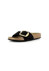 Klapki damskie Birkenstock Madrid Big Buckle. Kolor: czarny, wielokolorowy. Materiał: skóra