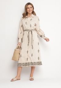 Born2be - Beżowa Wiskozowa Sukienka Koszulowa Szmizjerka z Paskiem Telandora. Okazja: na co dzień. Typ kołnierza: kołnierzyk klasyczny. Kolor: beżowy. Materiał: wiskoza. Długość rękawa: długi rękaw. Typ sukienki: szmizjerki, koszulowe. Styl: klasyczny, casual, elegancki #4