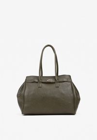 Renee - Ciemnozielona Torebka Shopper z Dwoma Rączkami Ozdobiona Paskiem z Klamrą Remisse. Kolor: zielony. Wzór: aplikacja. Styl: klasyczny, casual, elegancki. Rodzaj torebki: na ramię