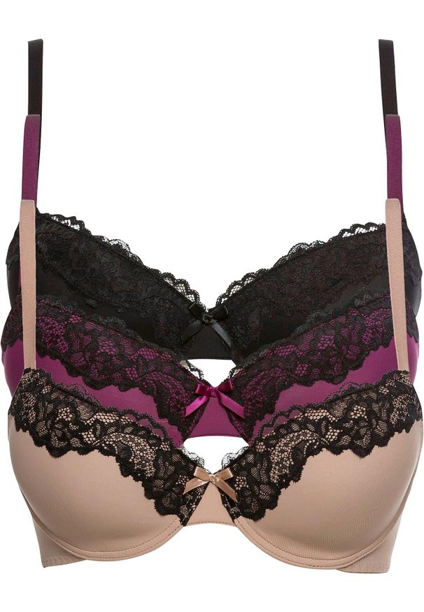 bonprix - Biustonosz z usztywnianymi miseczkami z poliamidu z recyklingu (3 szt.). Kolor: czarny. Materiał: poliamid