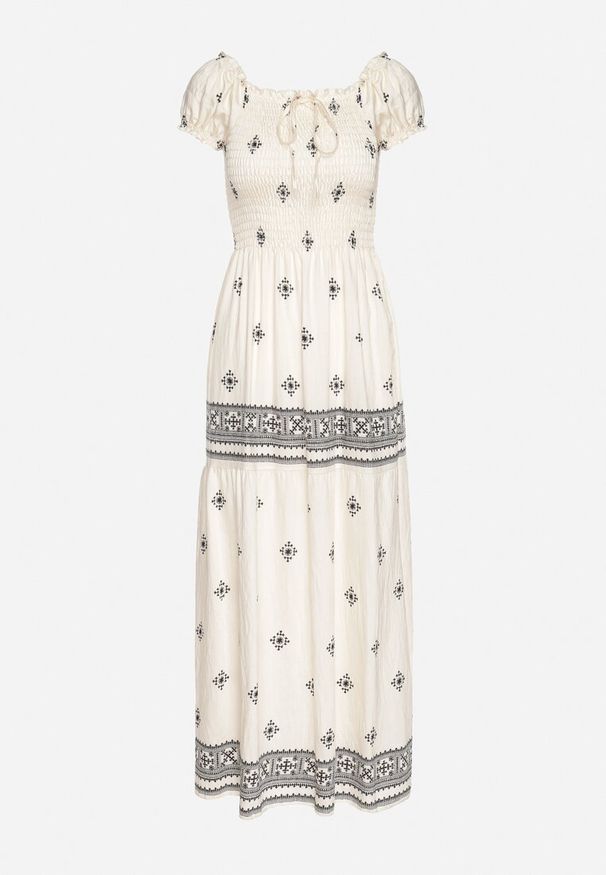 Born2be - Jasnobeżowa Sukienka z Wiskozy ze Wzorem Boho Ellirose. Okazja: na co dzień. Kolor: beżowy. Materiał: wiskoza. Wzór: aplikacja. Sezon: wiosna. Styl: boho