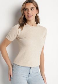 Born2be - Beżowy Sweter z Ozdobnymi Ściągaczami Sanarella. Okazja: na co dzień. Kolor: beżowy. Materiał: jeans. Wzór: aplikacja. Styl: elegancki, casual