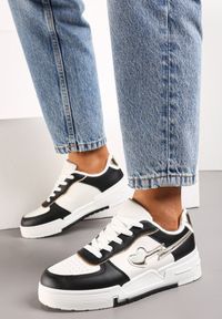 Renee - Czarno-Białe Sznurowane Sneakersy na Grubej Podeszwie z Brokatowym Zdobieniem Anaieli. Kolor: czarny. Szerokość cholewki: normalna. Wzór: aplikacja #4