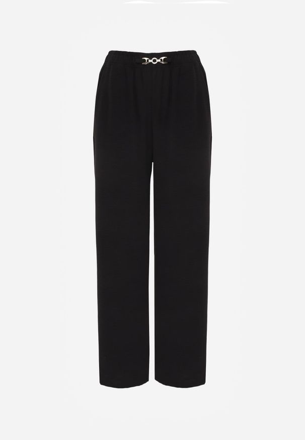 Renee - Czarne Spodnie Casual Wide Leg High Waist Zdobione Klamerką w Talii Cythiopis. Okazja: na co dzień. Stan: podwyższony. Kolekcja: plus size. Kolor: czarny. Długość: krótkie. Wzór: aplikacja. Styl: casual