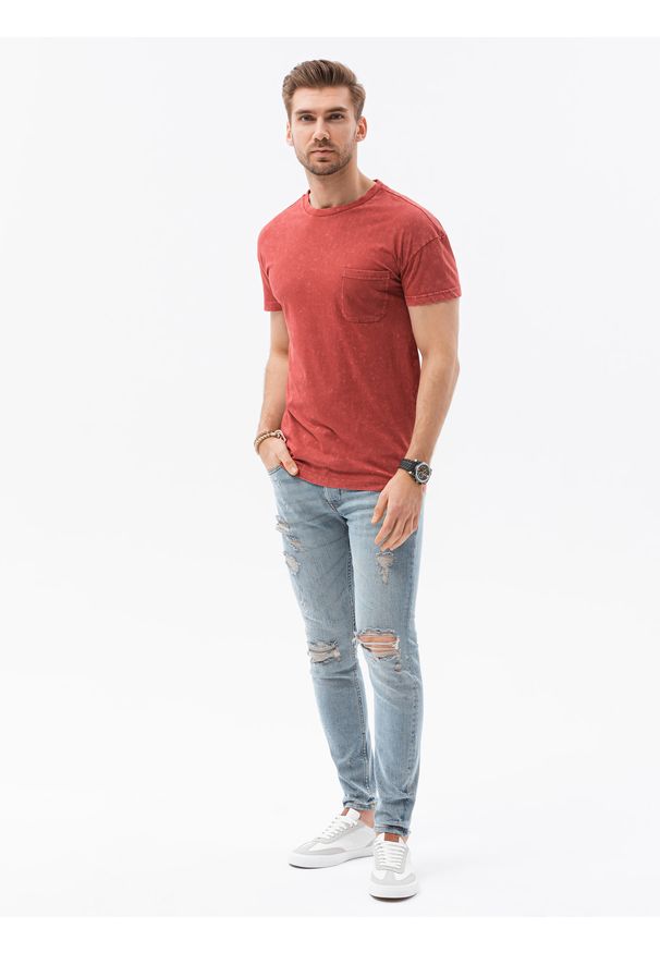 Ombre Clothing - T-shirt męski bawełniany S1375 - ceglasty - XXL. Kolor: czerwony. Materiał: bawełna. Wzór: aplikacja. Sezon: lato, wiosna