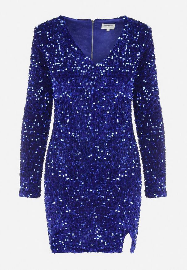 Born2be - Granatowa Sukienka z Cekinami i Wycięciem Glykera. Okazja: na ślub cywilny, na wesele. Kolor: niebieski. Długość rękawa: długi rękaw. Typ sukienki: asymetryczne. Długość: mini