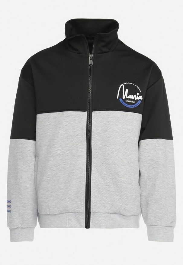 Born2be - Czarno-Szara Kurtka Dresowa z Wysokim Kołnierzem i Nadrukiem Lwanes. Kolor: czarny. Materiał: dresówka. Wzór: nadruk. Styl: sportowy