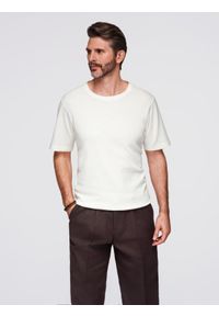 Ombre Clothing - Koszulka męska o waflowej strukturze z okrągłym dekoltem – złamana biel V1 - Rozmiar: L. Okazja: na co dzień. Materiał: bawełna. Styl: casual