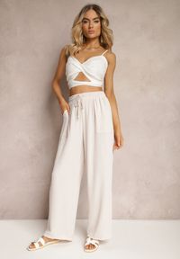 Renee - Jasnobeżowe Spodnie High Waist ze Sznurkiem w Talii i Prostą Nogawką Raveann. Okazja: na co dzień. Stan: podwyższony. Kolor: beżowy. Styl: casual