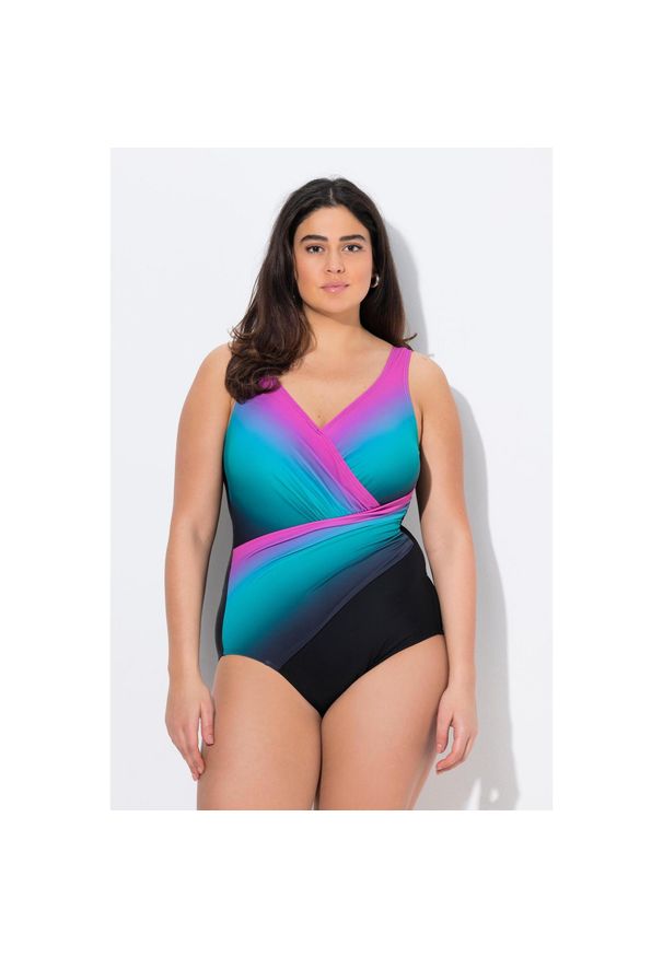 ULLA POPKEN - Damski Kostium kąpielowy cieniowanie miękkie miseczki drapowanie. Kolekcja: plus size. Kolor: czarny. Materiał: elastan, poliamid, materiał