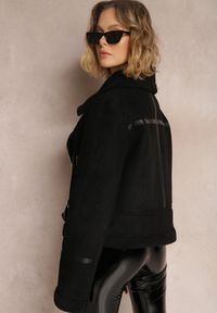 Renee - Czarna Kurtka Biker z Imitacji Zamszu i Kożuszka Jassan. Kolor: czarny. Materiał: zamsz. Sezon: zima, jesień #4