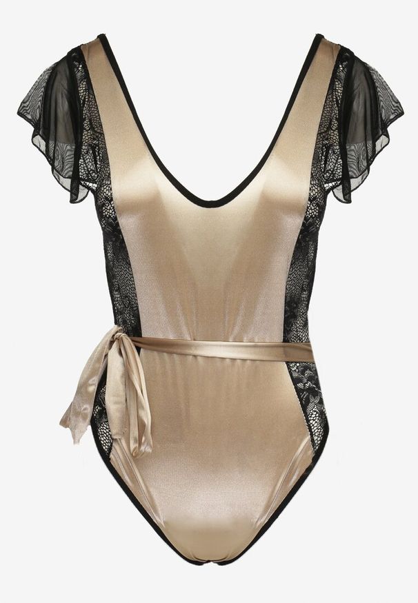 Born2be - Beżowe Połyskujące Body z Trójkątnym Dekoltem Ozdobione Koronką i Wstążką Zaraei. Kolor: beżowy. Materiał: koronka. Wzór: aplikacja, koronka