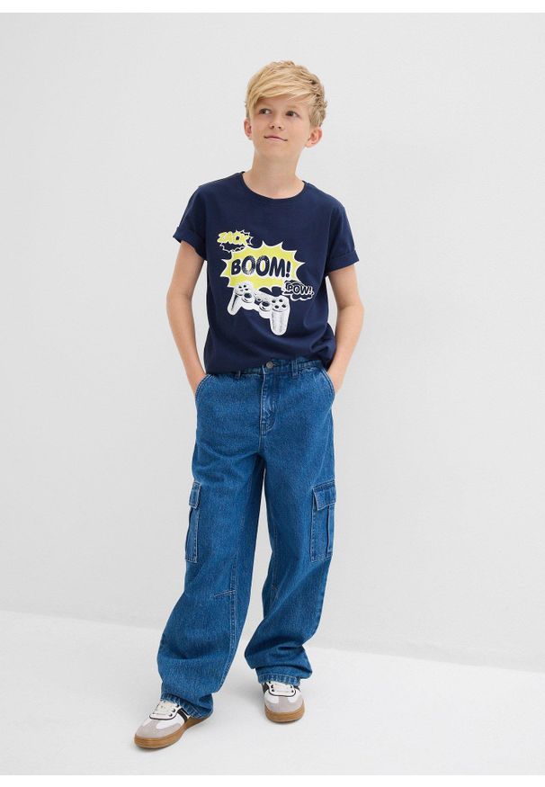 bonprix - Dżinsy typu cargo w fasonie loose fit z regulowanym pasem, prosta nogawka. Kolor: niebieski