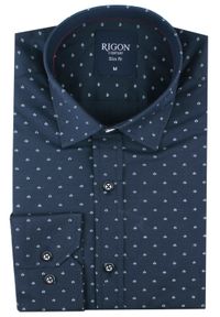 Męska Koszula, Taliowana (Slim Fit) - Rigon - Granatowa, Drobny Wzór. Okazja: do pracy, na spotkanie biznesowe. Kolor: niebieski. Materiał: bawełna, poliester, elastan. Długość rękawa: długi rękaw. Długość: długie. Styl: wizytowy, elegancki, biznesowy #2