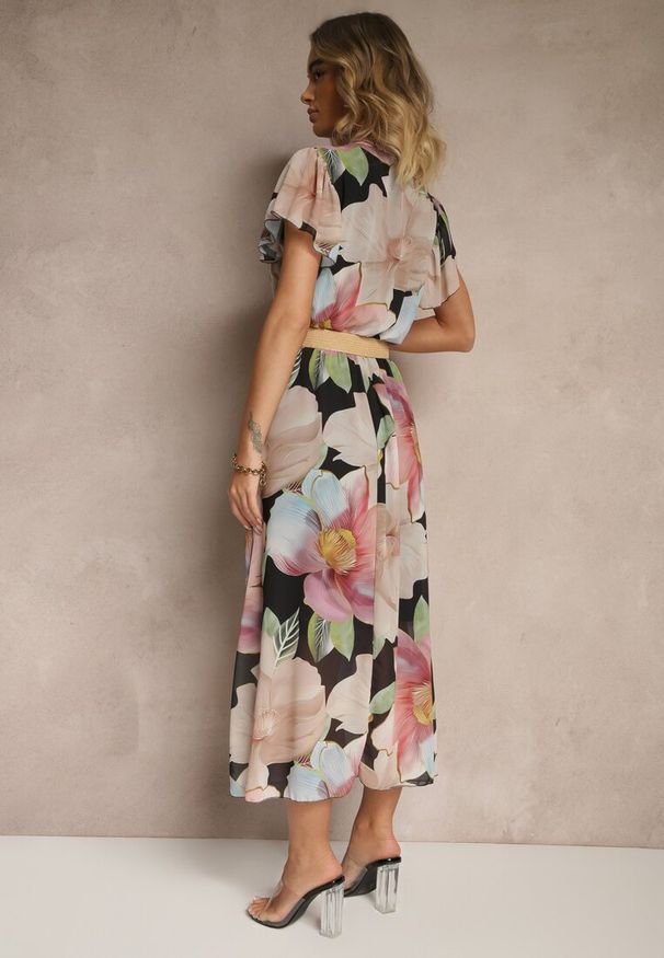 Renee - Czarna Rozkloszowana Sukienka Zdobiona Wiązaniem i Paskiem z Klamrą Sorisse. Okazja: na co dzień, na spacer. Kolor: czarny. Wzór: aplikacja. Styl: casual, elegancki