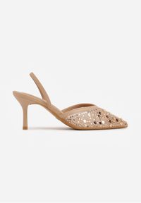Renee - Ciemnobeżowe Cekinowe Czółenka VICES Slingback na Szpilce z Noskiem w Szpic Ozdobione Perłami i Koralikami Kleomene. Kolor: beżowy. Materiał: jeans. Wzór: aplikacja. Obcas: na szpilce. Styl: elegancki #5