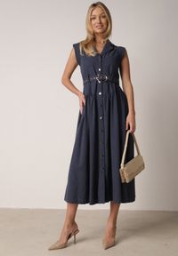 Born2be - Granatowa Koszulowa Sukienka Bez Rękawów z Wiskozy i Bawełny z Paskiem Suranon. Okazja: na co dzień. Kolor: niebieski. Materiał: wiskoza, bawełna. Długość rękawa: bez rękawów. Sezon: wiosna, lato. Typ sukienki: koszulowe. Styl: casual, elegancki, klasyczny #8