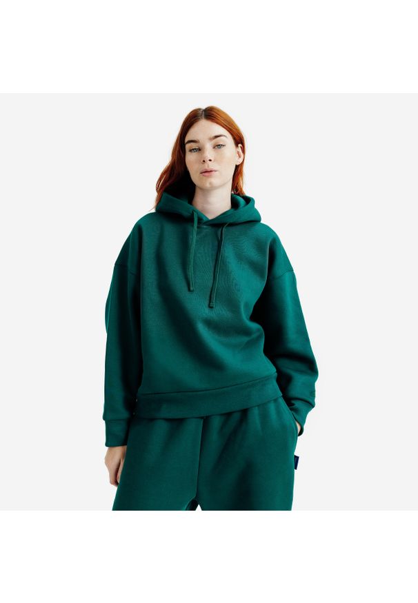 Decathlon - Bluza z kapturem damska Elementals. Typ kołnierza: kaptur. Kolor: zielony. Materiał: tkanina, elastan, prążkowany, bawełna, materiał, poliester