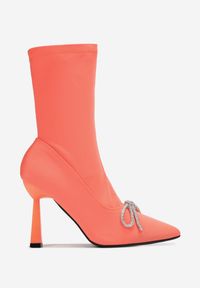 Born2be - Pomarańczowe Botki na Geometrycznej Szpilce z Ozdobną Kokardką Agnese. Kolor: pomarańczowy. Wzór: geometria #2