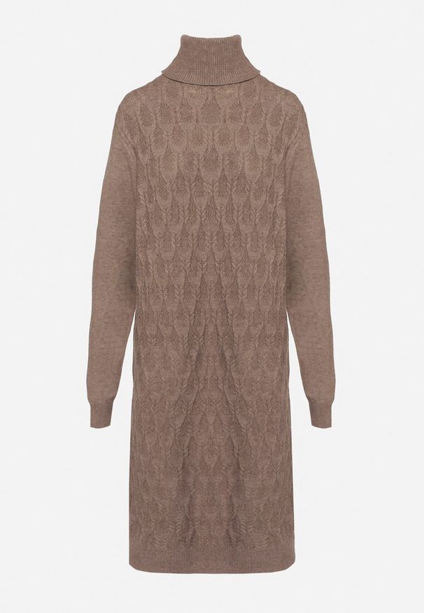 Born2be - Brązowa Sweterkowa Sukienka z Wełną Bawełną i Golfem o Pudełkowym Kroju Akenavia. Okazja: na co dzień. Typ kołnierza: golf. Kolor: brązowy. Materiał: bawełna, wełna. Styl: casual, elegancki