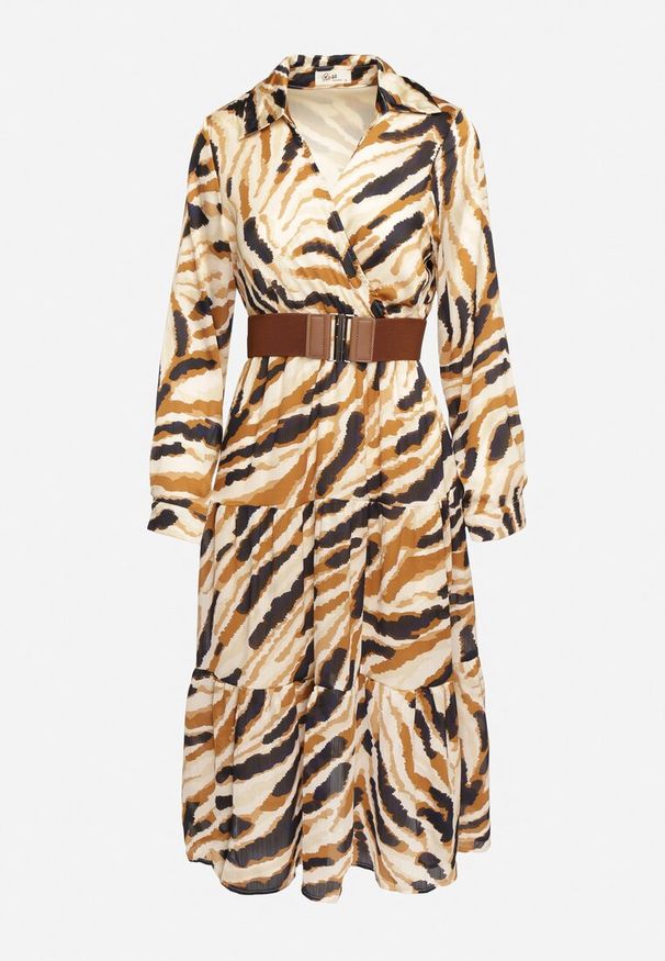 Born2be - Beżowa Rozkloszowana Sukienka Kopertowa w Abstrakcyjny Wzór z Paskiem i Gumką w Talii Zinnaea. Okazja: na co dzień, na spacer. Typ kołnierza: dekolt kopertowy. Kolor: beżowy. Długość rękawa: długi rękaw. Typ sukienki: kopertowe. Styl: casual, elegancki