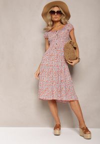 Renee - Pomarańczowa Rozkloszowana Sukienka z Wiskozy Midi z Guzikami Firla. Kolor: pomarańczowy. Materiał: wiskoza. Styl: elegancki. Długość: midi