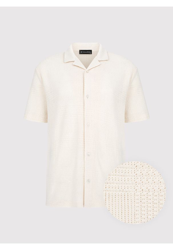 Pako Lorente - PAKO LORENTE - Ażurowa koszula męska z krótkim rękawem ecru. Okazja: na co dzień. Materiał: bawełna, poliester. Długość rękawa: krótki rękaw. Długość: krótkie. Wzór: ażurowy. Sezon: wiosna. Styl: casual