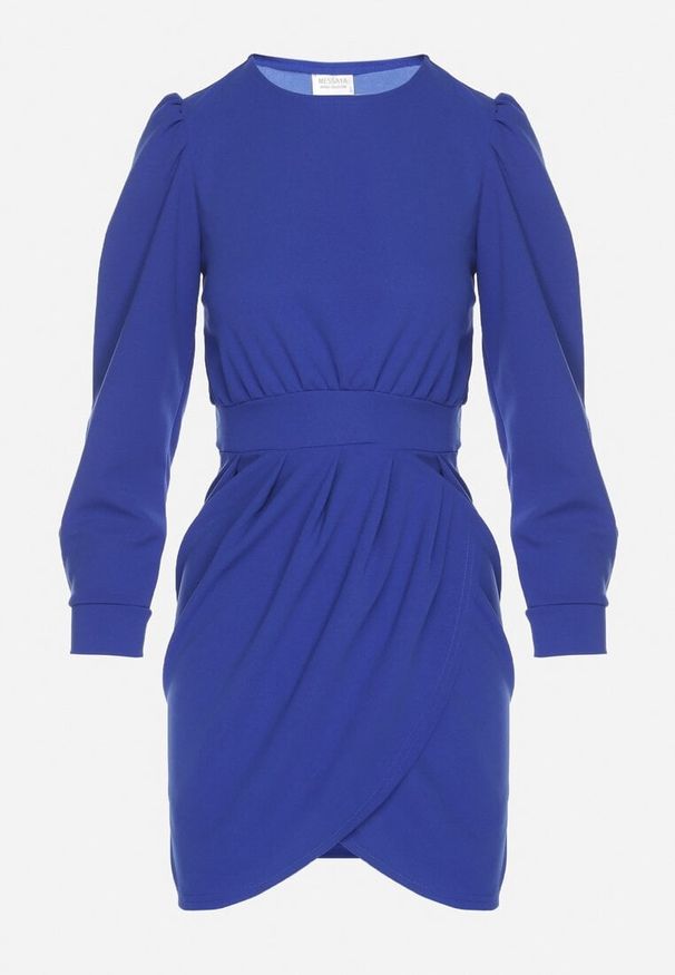 Born2be - Niebieska Sukienka z Marszczeniem i Bufiastymi Rękawami Redenia. Kolor: niebieski. Styl: elegancki, klasyczny