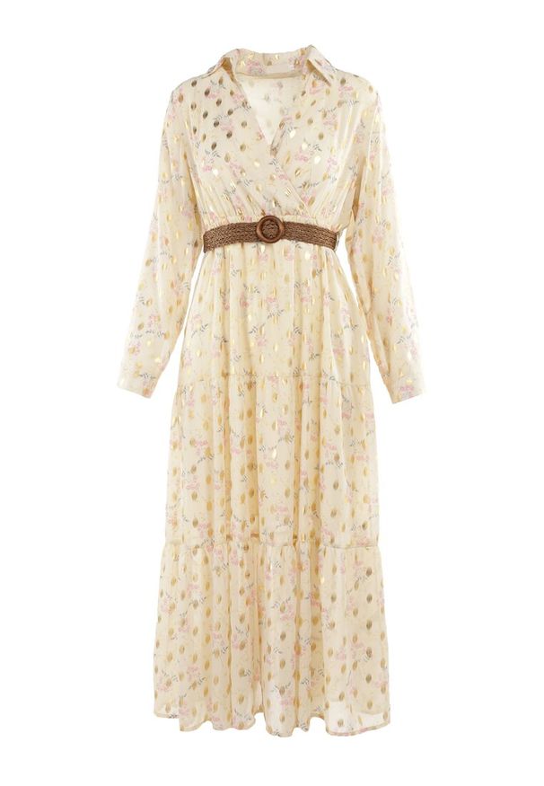 Born2be - Jasnożółta Sukienka Azrael. Kolor: żółty. Długość rękawa: długi rękaw. Wzór: aplikacja, kwiaty, nadruk. Typ sukienki: kopertowe. Długość: maxi