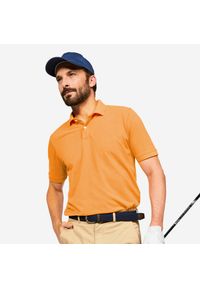 INESIS - Koszulka polo do golfa z krótkim rękawem męska Inesis MW500. Typ kołnierza: golf, polo. Kolor: pomarańczowy. Materiał: bawełna, materiał, poliester. Długość rękawa: krótki rękaw. Długość: krótkie. Wzór: ze splotem. Styl: klasyczny
