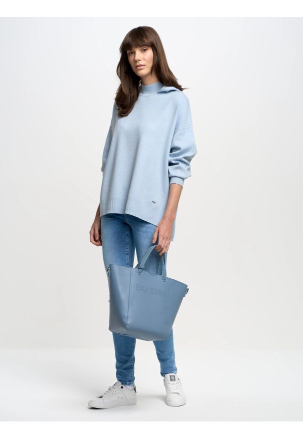 Big-Star - Sweter damski typu poncho niebieski Rajana 400. Kolor: niebieski. Materiał: wiskoza, skóra, prążkowany. Wzór: ze splotem. Sezon: lato. Styl: elegancki