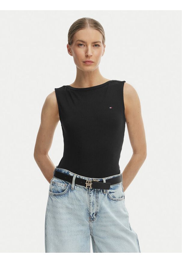 TOMMY HILFIGER - Tommy Hilfiger Top WW0WW47807 Czarny Slim Fit. Kolor: czarny. Materiał: wiskoza