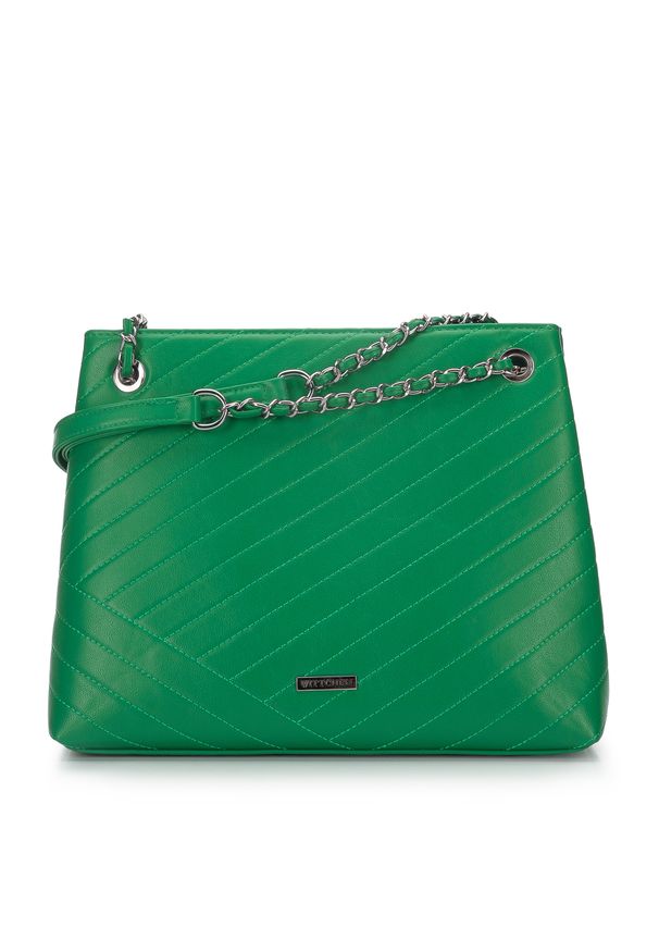 Wittchen - Torebka worek z przeszyciami na łańcuszku zielona. Kolor: zielony. Wzór: haft. Dodatki: z haftem. Materiał: skórzane. Styl: rockowy, casual, elegancki