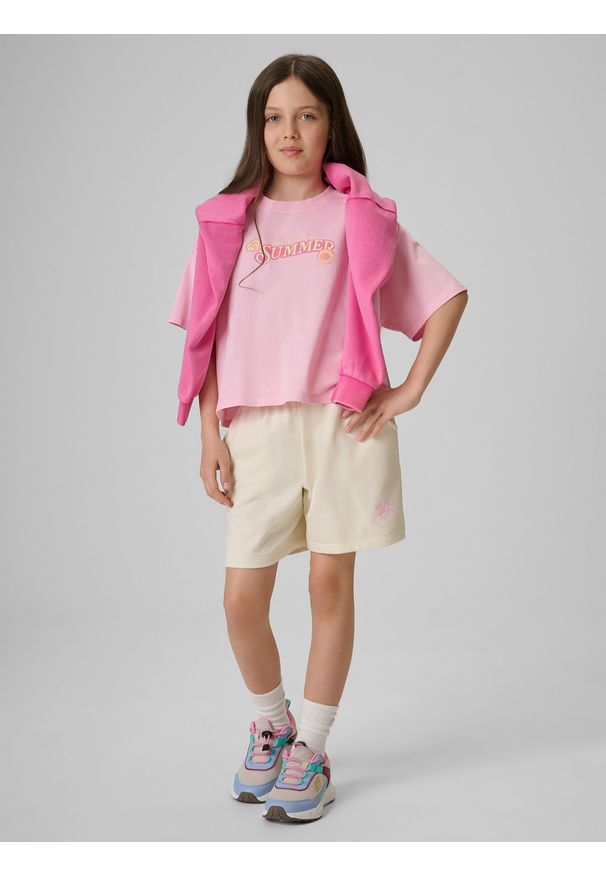 4f - 4F T-shirt boxy z nadrukiem dziewczęcy - różowy 134/140 (8-10 lat). Okazja: na co dzień. Kolor: różowy. Materiał: materiał, bawełna, dzianina. Długość: krótkie. Wzór: nadruk. Sezon: lato. Styl: casual