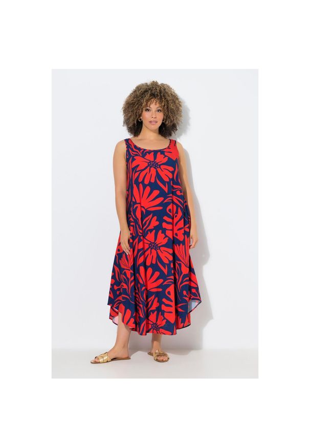 ULLA POPKEN - Damskie Sukienka midi wzór w koralowce trapezowy krój okrągły dekolt bez rękawów. Kolekcja: plus size. Kolor: niebieski. Materiał: wiskoza, materiał. Długość rękawa: bez rękawów. Typ sukienki: trapezowe. Styl: sportowy. Długość: midi