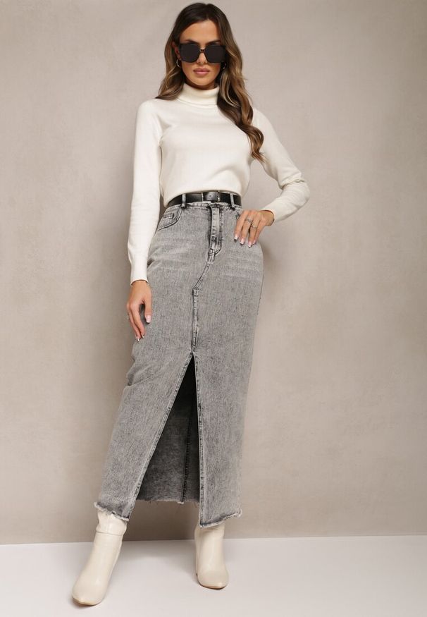 Renee - Szara Spódnica Jeansowa Maxi z Paskiem Mullese. Stan: podwyższony. Kolor: szary. Materiał: jeans. Styl: klasyczny