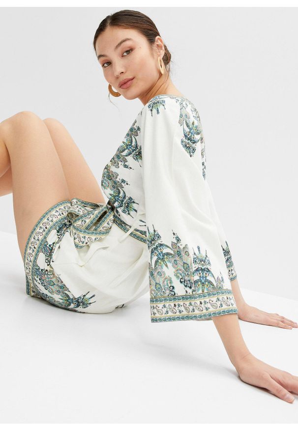 bonprix - Kombinezon z domieszką lnu. Kolor: beżowy. Materiał: len. Styl: elegancki
