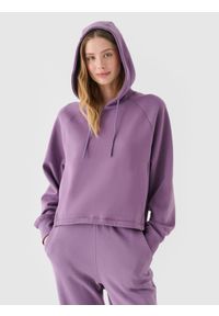 4f - 4F Bluza dresowa nierozpinana z kapturem damska - fioletowa XXL. Okazja: na co dzień. Typ kołnierza: kaptur. Kolor: fioletowy. Materiał: dresówka. Długość rękawa: raglanowy rękaw. Wzór: gładki, ze splotem. Styl: casual, sportowy. Sport: fitness #1
