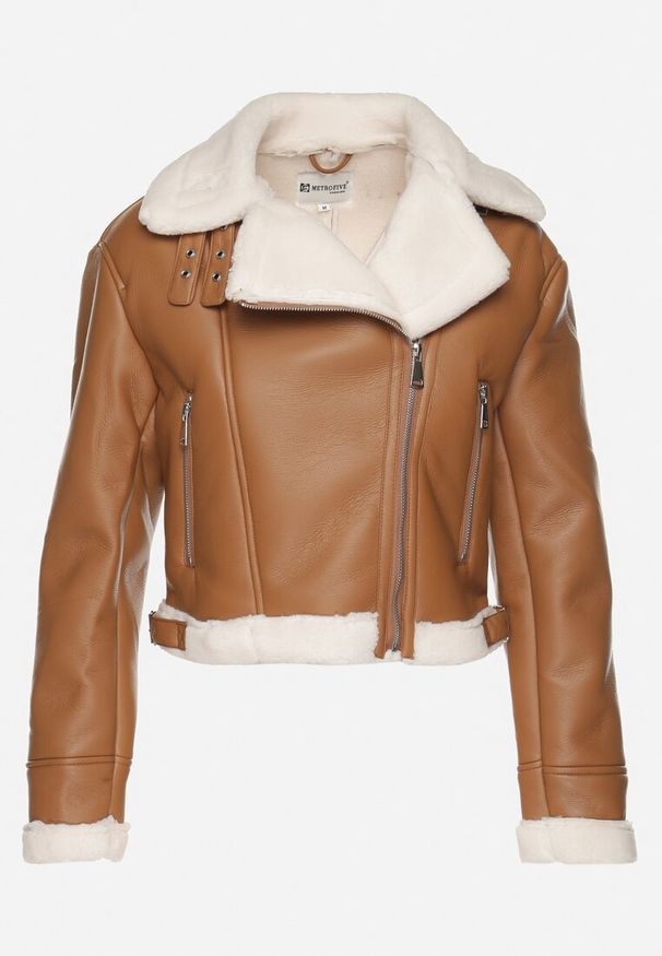 Born2be - Brązowa Kurtka Biker o Krótkim Kroju z Zasuwanymi Kieszeniami Laonette. Okazja: do pracy, na co dzień. Kolor: brązowy. Materiał: jeans. Długość: krótkie. Styl: casual, elegancki
