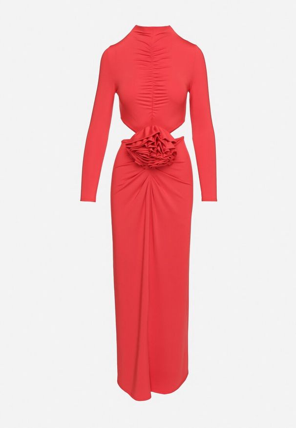 Born2be - Czerwona Wieczorowa Sukienka z Wiskozą Wycięciem Kwiatem 3D i Odkrytymi Plecami Annilith. Kolor: czerwony. Materiał: wiskoza. Wzór: kwiaty. Styl: wizytowy