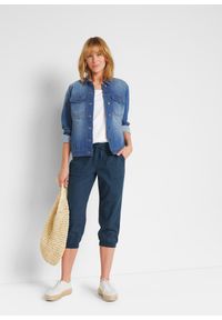 bonprix - Spodnie 3/4 z mieszanki bawełny z lnem. Kolor: niebieski. Materiał: bawełna, len. Wzór: prążki #2