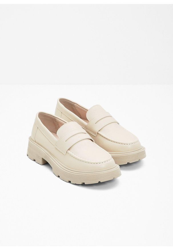 bonprix - Loafersy chunky na lekkiej podeszwie. Kolor: beżowy