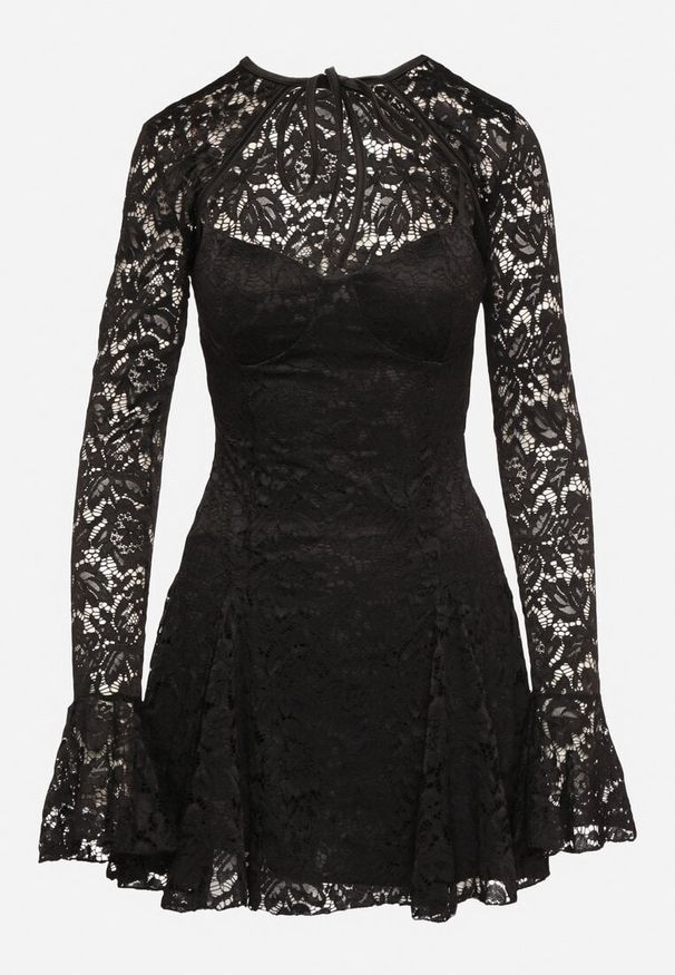 Born2be - Czarna Rozkloszowane Sukienka Koktajlowa z Koronką i Bolerkiem Eyrfedi. Okazja: na wesele, na randkę, na ślub cywilny. Kolor: czarny. Materiał: koronka. Długość rękawa: na ramiączkach. Wzór: koronka. Typ sukienki: rozkloszowane. Styl: wizytowy