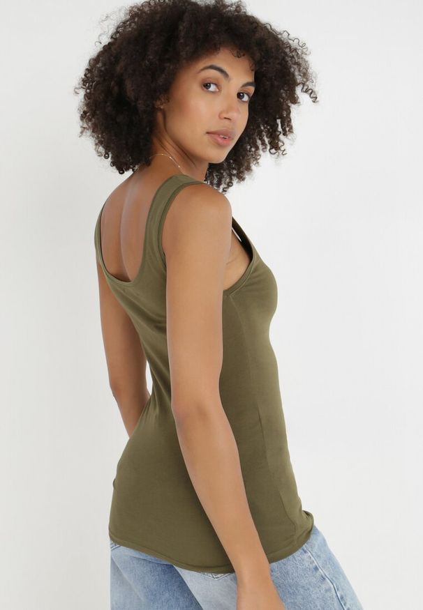 Born2be - Ciemnozielony Top Alethionis. Kolor: zielony. Materiał: jeans, dzianina, bawełna. Długość rękawa: na ramiączkach. Wzór: gładki