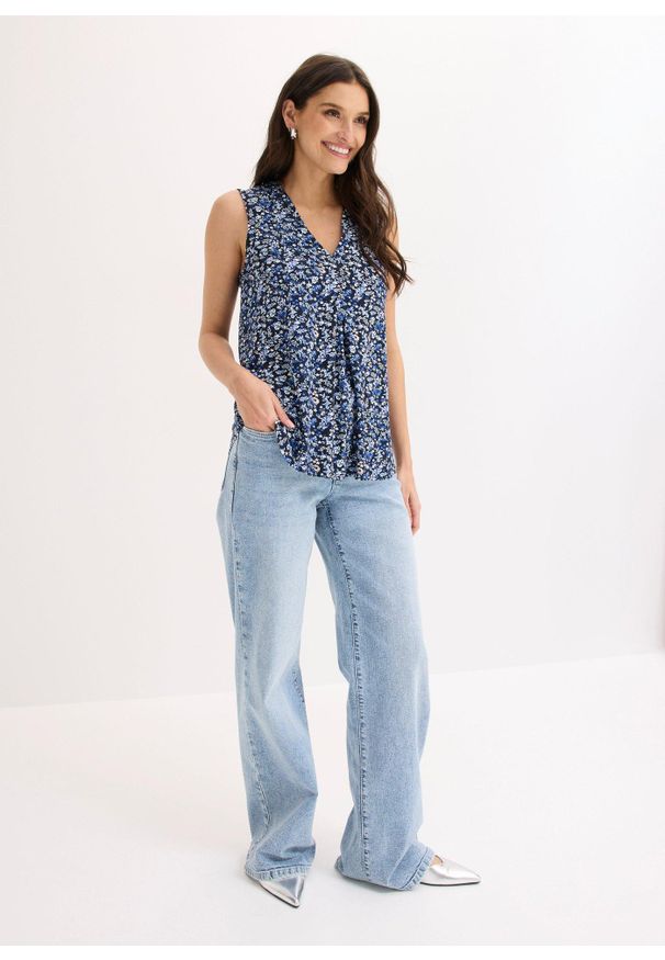 bonprix - Top z mieszanki wiskozy. Typ kołnierza: dekolt w serek. Kolor: niebieski. Materiał: wiskoza. Wzór: nadruk