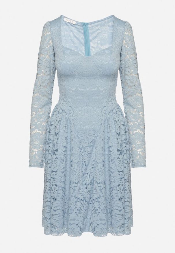 Born2be - Niebieska Sukienka Koronkowa o Rozkloszowanym Kroju Telomira. Okazja: na co dzień. Kolor: niebieski. Materiał: koronka. Długość rękawa: długi rękaw. Typ sukienki: rozkloszowane, proste. Styl: klasyczny, casual