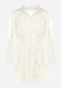 Born2be - Beżowa Sukienka Koronkowa z Falbanką Chloreina. Typ kołnierza: kołnierzyk stójkowy. Kolor: beżowy. Materiał: koronka. Wzór: ażurowy, koronka. Styl: vintage, wizytowy. Długość: mini #6