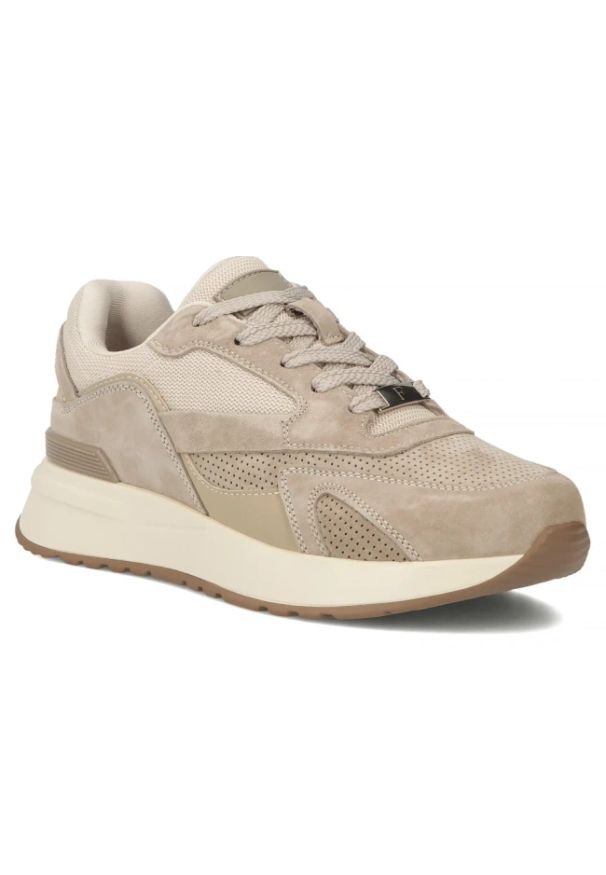 Półbuty skórzane sneakersy zamszowe beżowe Filippo DP7728/26. Kolor: beżowy. Materiał: skóra