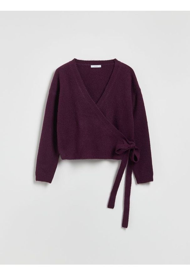Reserved - Sweter z wiązaniem - ciemnofioletowy. Kolor: fioletowy. Materiał: wełna, dzianina